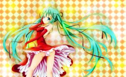 Rule 34 | 1girl, aqua hair, ass, bad anatomy, barokkusu, blue eyes, checkered background, clothes lift, dress, elbow gloves, gloves, hair ribbon, hand on own face, hatsune miku, long hair, looking at viewer, ribbon, skirt, skirt lift, smile, solo, twintails, very long hair, vocaloid