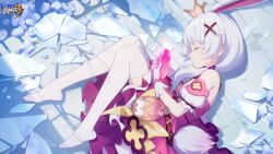Rule 34 | 1girl, animal ears, bare shoulders, broken glass, chinese commentary, closed mouth, crown, detached sleeves, fetal position, glass, hair ornament, highres, holding crystal, honkai (series), honkai impact 3rd, logo, long hair, official alternate costume, official art, official wallpaper, rabbit ears, solo, theresa apocalypse, theresa apocalypse (sakuno rondo), thighhighs, white hair, white thighhighs, x hair ornament