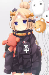 Rule 34 | 1girl, abigail williams (fate), abigail williams (traveling outfit) (fate), balloon, black bow, black jacket, blonde hair, blue eyes, blush, bow, commentary request, crossed bandaids, fate/grand order, fate (series), fou (fate), grey background, hair bow, hair bun, heroic spirit traveling outfit, jacket, long hair, long sleeves, looking at viewer, maccha, medjed (fate), hugging object, official alternate costume, orange bow, parted bangs, parted lips, polka dot, polka dot bow, single hair bun, sleeves past fingers, sleeves past wrists, solo, stuffed animal, stuffed toy, teddy bear