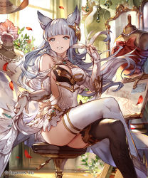 Rule 34 | 10s, 1girl, 77gl, animal ears, ass, asymmetrical legwear, backless outfit, bad id, bad pixiv id, bare shoulders, black thighhighs, blue eyes, blunt bangs, breasts, chair, clothes lift, company name, crossed legs, detached sleeves, dress, dress lift, elbow gloves, erune, feathers, gloves, granblue fantasy, hair ornament, korwa, lips, long hair, looking at viewer, medium breasts, mismatched legwear, parted lips, short dress, sideboob, sitting, solo, thighhighs, white gloves, white thighhighs, window, wooden floor