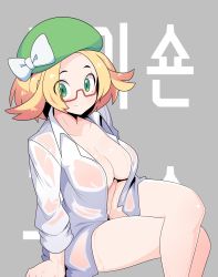 Rule 34 | 1girl, absurdres, beret, bianca (pokemon), blonde hair, blouse, bow, breasts, cleavage, closed mouth, collarbone, collared shirt, creatures (company), crossed legs, dammit, game freak, glasses, green eyes, green hat, grey background, hat, hat bow, highres, korean commentary, large breasts, looking at viewer, nintendo, no bra, no pants, open clothes, open shirt, pokemon, pokemon bw2, see-through, see-through shirt, shirt, short hair, solo, thighs, wet, wet clothes, wet shirt