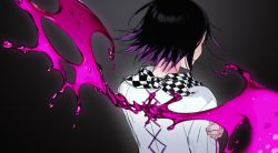 Rule 34 | 1boy, black hair, checkered clothes, checkered neckwear, checkered scarf, commentary request, danganronpa (series), danganronpa v3: killing harmony, fake wings, from behind, grey background, hand up, jacket, long sleeves, male focus, multicolored background, multicolored hair, on (onon2659), oma kokichi, purple hair, scarf, solo, two-tone hair, upper body, white jacket, wings