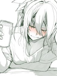 Rule 34 | 10s, 1girl, alternate costume, beer can, blush, breasts, can, cleavage, closed eyes, drink can, elbow rest, hair between eyes, hair ribbon, highres, holding, holding can, kantai collection, long hair, monochrome, multiple monochrome, off shoulder, open mouth, ribbon, shirt, short sleeves, smile, solo, t-shirt, table, tone (kancolle), twintails, upper body, yami (m31)