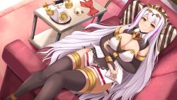 Rule 34 | 1girl, antique phone, bow, breasts, cleavage, commentary request, couch, kanzaki kureha, large breasts, long hair, looking at viewer, lying, multicolored hair, on back, phone, purple hair, reverse real, rotary phone, solo, streaked hair, thigh strap, thighhighs, two-tone hair, very long hair, virtual youtuber, white hair, wollpheus astolea, yellow eyes