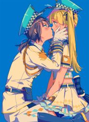 Rule 34 | 2girls, alternate hairstyle, armband, bad id, bad twitter id, bandolllll, bang dream!, belt, belt pouch, black hair, blonde hair, blue background, blue eyes, blue footwear, blue headwear, blue ribbon, blush, boots, cheek squash, collared shirt, commentary request, cuffs, eye contact, frills, from side, gloves, hair ornament, hair ribbon, hairclip, hand on another&#039;s cheek, hand on another&#039;s face, hand on another&#039;s head, handcuffs, hat, imminent kiss, layered skirt, long hair, long sleeves, looking at another, midriff, midriff peek, multiple girls, okusawa misaki, pants, pleated skirt, police, police badge, police hat, police uniform, policewoman, polka dot, pouch, ribbon, seiza, shirt, short hair, short sleeves, simple background, sitting, skirt, striped, thighhighs, tsurumaki kokoro, twintails, uniform, white gloves, white legwear, white pants, wristband, yellow eyes, yuri