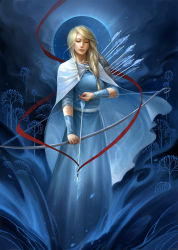 Rule 34 | 1girl, arrow (projectile), asymmetrical hair, blonde hair, blue dress, bow (weapon), bracer, braid, cape, dress, eclipse, closed eyes, full body, holding, holding weapon, long hair, oddleif, outdoors, quiver, red ribbon, ribbon, sandara, solo, standing, the banner saga, weapon, white cape