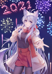 Rule 34 | 1girl, absurdres, animal ear fluff, animal ears, antenna hair, breasts, breath, chinese commentary, coat, commentary, cowboy shot, extra ears, fireworks, fox ears, fox tail, grey hair, hair between eyes, highres, kirby d a, long hair, looking at viewer, open clothes, open coat, original, purple eyes, reaching, reaching towards viewer, red scarf, scarf, skirt, smile, solo, tail, very long hair, white hair, winter clothes, winter coat