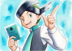 Rule 34 | 1boy, black hair, blue background, buttons, commentary request, creatures (company), game freak, green eyes, green hair, green necktie, half-closed eyes, hands up, highres, holding, long sleeves, male focus, multicolored hair, necktie, nintendo, oka mochi, open mouth, pokemon, pokemon dppt, pokemon platinum, short hair, smile, solo, thorton (pokemon), tongue, traditional media, two-tone hair, upper body