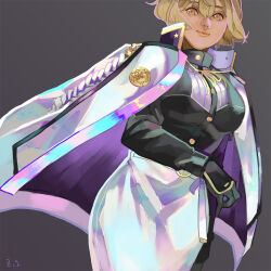 Rule 34 | 1girl, black gloves, black shirt, blonde hair, breasts, buttons, closed mouth, commentary request, cowboy shot, dated commentary, genderswap, genderswap (mtf), gloves, grey background, higekiri (touken ranbu), iridescent, jacket, jacket on shoulders, large breasts, long sleeves, looking at viewer, shirt, short hair, signature, skirt, smile, solo, touken ranbu, white jacket, white skirt, yellow eyes, zi tsas