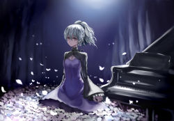 Rule 34 | 1girl, barli, breasts, cleavage, closed mouth, commentary request, darker than black, dress, hair ribbon, highres, instrument, long hair, looking at viewer, piano, ponytail, purple dress, purple eyes, ribbon, silver hair, solo, yin (darker than black)