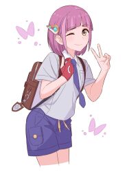 Rule 34 | 1girl, ;), backpack, bag, brown eyes, closed mouth, collared shirt, commentary request, creatures (company), game freak, gloves, highres, hinoyama kou, lacey (pokemon), looking at viewer, naranja academy school uniform, necktie, nintendo, one eye closed, partially fingerless gloves, pink hair, pokemon, pokemon sv, purple necktie, purple shorts, red gloves, school uniform, shirt, short hair, short sleeves, shorts, single glove, smile, solo, v, white background, white shirt
