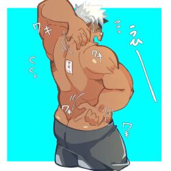 Rule 34 | 1boy, akiha gongen (housamo), arm up, ass, ass peek, bandaid, bandaid on face, bandaid on nose, bara, butt crack, clothes pull, cropped legs, dark-skinned male, dark skin, facial hair, flying sweatdrops, from behind, goatee, horns, huge eyebrows, looking at viewer, looking back, male focus, multicolored hair, muscular, muscular male, pants, pants pull, pointing, pointing at self, ragi san (ononokomachiimo), scratching back, short hair, single horn, solid oval eyes, solo, tokyo houkago summoners, translation request, two-tone background, two-tone hair