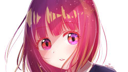 Rule 34 | 1girl, amaga mitsuki, arima kana, blue jacket, blunt bangs, blush, close-up, commentary request, eyelashes, highres, jacket, light particles, looking at viewer, medium hair, multicolored eyes, oshi no ko, parted lips, pink eyes, portrait, red eyes, red hair, simple background, solo, twitter username, white background