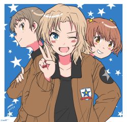Rule 34 | ;d, alisa (girls und panzer), artist name, black shirt, blonde hair, blue background, blue eyes, blush stickers, brown eyes, brown hair, brown jacket, commentary, dated, emblem, freckles, girls und panzer, grin, hair intakes, hair ornament, hand on own hip, highres, jacket, kay (girls und panzer), long hair, long sleeves, looking at viewer, military, military uniform, nail polish, naomi (girls und panzer), one-hour drawing challenge, one eye closed, open clothes, open jacket, open mouth, outside border, peeking out, red nails, saunders (emblem), saunders military uniform, shirt, short hair, short twintails, signature, smile, star (symbol), star hair ornament, starry background, twintails, twitter username, uniform, v, very short hair, zono (inokura syuzo029)