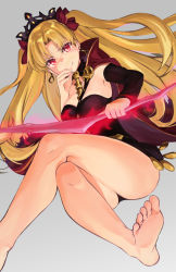 Rule 34 | 1girl, barefoot, blonde hair, crossed legs, detached collar, earrings, ereshkigal (fate), fate/grand order, fate (series), feet, gold trim, grey background, hoop earrings, jewelry, leotard, long hair, looking at viewer, parted bangs, red eyes, simple background, smile, soles, solo, thighs, tiara, toes, tohsaka rin, twintails, two side up