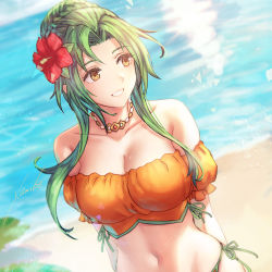 Rule 34 | 1girl, absurdres, anbe yoshirou, arms behind back, bare shoulders, beach, bikini, breasts, brown eyes, cleavage, collarbone, commentary request, day, elincia ridell crimea, fire emblem, fire emblem: path of radiance, fire emblem: radiant dawn, fire emblem heroes, flower, green hair, hair bun, hair flower, hair ornament, highres, jewelry, large breasts, long hair, looking away, looking to the side, medium breasts, navel, necklace, nintendo, ocean, off-shoulder bikini, off shoulder, official alternate costume, orange bikini, outdoors, parted lips, puffy short sleeves, puffy sleeves, red flower, shore, short sleeves, simple background, smile, solo, stomach, strapless, strapless bikini, swimsuit, upper body, water
