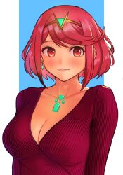 Rule 34 | 1girl, alternate costume, blush, breasts, casual, cleavage, collarbone, core crystal (xenoblade), dangle earrings, earrings, highres, jewelry, large breasts, lips, looking to the side, pyra (xenoblade), r123, red eyes, red hair, short hair, sidelocks, solo, sweater, swept bangs, tiara, upper body, xenoblade chronicles (series), xenoblade chronicles 2