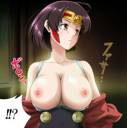 Rule 34 | !?, 10s, 1girl, antenna hair, bare shoulders, blush, breasts, closed mouth, collarbone, corset, expressionless, headband, highres, japanese clothes, kimono, koutetsujou no kabaneri, large breasts, lips, looking away, looking to the side, mumei (kabaneri), mumumu (road), nipples, open clothes, open kimono, orange eyes, pillar, short hair, solo, text focus, translation request, underbust, undressing, upper body