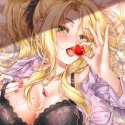 Rule 34 | 1girl, black bow, black bra, blonde hair, bow, bra, breasts, cherry, christina (princess connect!), christina (real) (princess connect!), cleavage, collared shirt, dress shirt, food, from above, fruit, green eyes, hair between eyes, hair bow, highres, holding, hue301, jewelry, large breasts, long hair, long sleeves, lying, md5 mismatch, nail polish, necklace, on back, open clothes, open mouth, open shirt, pink nails, ponytail, princess connect!, resolution mismatch, shirt, solo, source smaller, underwear, upper body, white shirt, wing collar