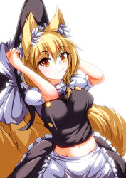 Rule 34 | 1girl, animal ears, blonde hair, brown eyes, cosplay, female focus, fox ears, fox tail, hat, kirisame marisa, kirisame marisa (cosplay), merry (diameri), midriff, multiple tails, navel, short hair, simple background, smile, solo, tail, touhou, upper body, white background, witch hat, yakumo ran