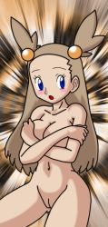 Rule 34 | artist request, blue eyes, breasts, brown hair, covering privates, covering breasts, creatures (company), game freak, gym leader, hair ornament, jasmine (pokemon), nintendo, nude, nude cover, pokemon, pussy, uncensored