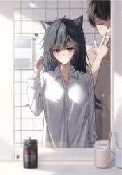 Rule 34 | 1boy, 1girl, animal ear fluff, animal ears, arknights, bathroom, black hair, blush, chinese commentary, closed eyes, closed mouth, collared shirt, doctor (arknights), dress shirt, female pov, highres, indoors, lens flare, long hair, long sleeves, looking at mirror, male doctor (arknights), messy hair, mirror, orange eyes, playing with own hair, pov, reflection, shirt, shokuyou koori, soap bottle, squiggle, texas (arknights), wolf ears, yawning