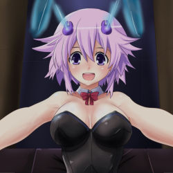 Rule 34 | 1girl, animal ears, blush, breasts, cleavage, detached collar, fake animal ears, female focus, hair ornament, highres, leotard, looking at viewer, neptune (neptunia), neptune (series), open mouth, outstretched arms, playboy bunny, purple eyes, purple hair, rabbit ears, short hair, smile, solo, wbd