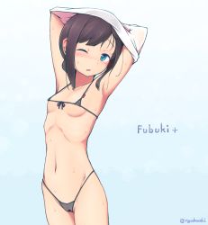 Rule 34 | 10s, 1girl, alternate costume, arms up, bikini, black hair, blue eyes, blush, breasts, censored, character name, covered erect nipples, fubuki (kancolle), gradient background, highres, kantai collection, micro bikini, nakaaki masashi, one eye closed, ponytail, pussy, see-through, small breasts, solo, swimsuit, wet
