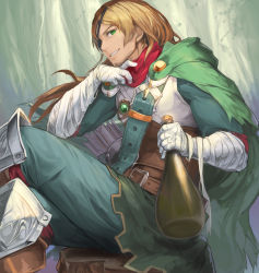 Rule 34 | 1boy, bandaged arm, bandages, bandana, belt, boots, bottle, brown footwear, brown hair, cape, eyepatch, facial hair, forest, green cape, green eyes, highres, knee boots, knee pads, long hair, looking at viewer, male focus, monster strike, nature, outdoors, pants, quiver, red bandana, sitting, smile, solo, stubble, taba comya, tree stump