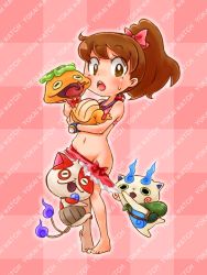 Rule 34 | 10s, 1girl, :o, = =, ahoge, assisted exposure, bag, barefoot, bikini, bikini pull, bikini skirt, blush, bow, bow bikini, bowtie, brown eyes, brown hair, buchinyan, carrying, cat, checkered background, clothes pull, coin purse, copyright name, fangs, fire, flame-tipped tail, flat chest, frilled bikini, frills, from side, full body, furoshiki, groin, hair bow, high ponytail, kodama fumika, komasan, leg grab, long hair, looking down, multiple tails, navel, ohshioyou, outline, parted bangs, pigeon-toed, pink background, pink bikini, ponytail, princess carry, pulling another&#039;s clothes, short hair, short ponytail, snake, standing, strap, surprised, sweat, sweatdrop, swimsuit, tail, tankini, tongue, tongue out, traditional youkai, tsuchinoko (youkai watch), watch, wristwatch, youkai watch, youkai watch (object), youkai watch 2