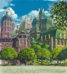 Rule 34 | 00s, building, castle, city, cityscape, cloud, day, fence, flag, howl no ugoku shiro, lamp, no humans, official art, outdoors, pavement, road, scenery, sky, street, studio ghibli, traditional media, tree