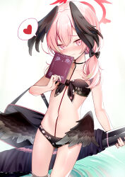 Rule 34 | 1girl, bikini, black bag, black bikini, black bow, black wings, blue archive, blush, book, bow, breasts, closed mouth, commentary request, cowboy shot, double-parted bangs, feathered wings, floral print, front-tie bikini top, front-tie top, gun, hair between eyes, hair bow, halo, hand up, head wings, heart, highres, holding, holding book, koharu (blue archive), koharu (swimsuit) (blue archive), long hair, low twintails, low wings, navel, nose blush, official alternate costume, partial commentary, pink eyes, pink hair, pink halo, print bikini, small breasts, solo, speech bubble, spoken heart, strapless, strapless bikini, swimsuit, twintails, wading, weapon, white background, wings, yan (nicknikg)