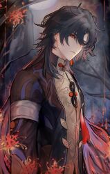 Rule 34 | 1boy, black hair, black jacket, blade (honkai: star rail), chinese clothes, closed mouth, earrings, expressionless, ezenour, flower, highres, honkai: star rail, honkai (series), jacket, jewelry, long hair, male focus, multicolored hair, red eyes, red flower, red hair, shirt, solo, spider lily, stud earrings, tassel, tassel earrings, yellow shirt
