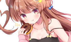 Rule 34 | 1girl, :q, ahoge, alternate costume, bad id, bad twitter id, black tank top, blush, breasts, cleavage, collarbone, doughnut, food, hair ornament, hairclip, heart, heart ahoge, holding, holding food, huge ahoge, jacket, kantai collection, kuma (kancolle), long hair, long sleeves, masayo (gin no ame), medium breasts, nail polish, off shoulder, pink jacket, pink nails, simple background, smile, solo, sparkle, tank top, tongue, tongue out, upper body, white background