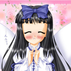 Rule 34 | 1girl, black hair, blush, confession, eastern and little nature deity, closed eyes, facing viewer, female focus, incoming kiss, pov, solo, star sapphire, suzuka tamuro, touhou, upper body
