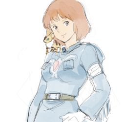 Rule 34 | 1girl, animal, animal on shoulder, belt, breasts, brown eyes, brown hair, closed mouth, gloves, kaze no tani no nausicaa, kei-co, looking at viewer, medium breasts, nausicaa, short hair, simple background, sketch, smile, solo, teto (nausicaa), white background
