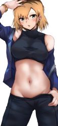 Rule 34 | 1girl, blue jacket, blush, bracelet, breasts, brown hair, commentary request, earrings, grey eyes, groin, hair between eyes, hand on own head, hand on own hip, highres, jacket, jewelry, looking at viewer, medium breasts, midriff, miyamori aoi, multicolored hair, navel, open clothes, open jacket, open mouth, roots (hair), shirobako, short hair, simple background, solo, standing, stomach, tahita1874, white background