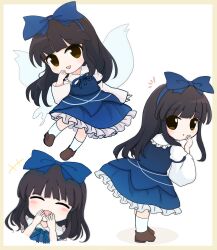 Rule 34 | 1girl, black hair, blue bow, blue dress, blush stickers, bow, brown eyes, brown footwear, closed eyes, dress, fairy, fairy wings, frilled dress, frills, hair bow, highres, long hair, long sleeves, multiple views, open mouth, parted lips, rei (tonbo0430), shoes, smile, socks, star sapphire, touhou, white socks, wings