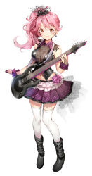 Rule 34 | 1girl, anmi, black footwear, blush, boots, breasts, cleavage, covered collarbone, earrings, electric guitar, frills, full body, guitar, hair ornament, highres, holding, instrument, jewelry, long hair, looking at viewer, medium breasts, midriff, miniskirt, navel, pink eyes, pink hair, pleated skirt, plectrum, sakaiya yumeno, see-through, side ponytail, simple background, skirt, sleeveless, smile, solo, standing, thighhighs, tokyo 7th sisters, white background, white thighhighs, wrist cuffs, zettai ryouiki