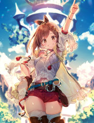 Rule 34 | 1girl, armpits, atelier (series), atelier ryza, atelier ryza 1, belt, blue belt, blush, breasts, brown eyes, brown gloves, brown hair, commentary request, flask, gloves, hair ornament, hairclip, hand on own hip, hat, jacket, jewelry, leather belt, looking at viewer, medium breasts, navel, necklace, pointing, pointing up, red shorts, reisalin stout, riichu, round-bottom flask, short hair, short shorts, shorts, single glove, sleeveless, sleeveless jacket, smile, solo, star (symbol), star necklace, thighhighs, thighs, vial, white hat, yellow jacket