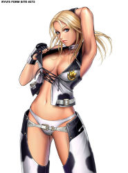 Rule 34 | 1girl, armpits, blonde hair, blue eyes, breasts, chaps, choker, cleavage, cowboy shot, cowboy western, dixie clemets, large breasts, long hair, midriff, navel, panties, rumble roses, ryu (ryu&#039;s form site), simple background, solo, standing, underwear, white background