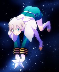 Rule 34 | 10s, 1boy, belt, blue eyes, boots, capelet, child, floating, kakumeiki valvrave, male focus, military, military uniform, open mouth, sana423, short hair, shorts, silver hair, sky, solo, spoilers, star (sky), star (symbol), starry sky, the prince (kakumeiki valvrave), uniform