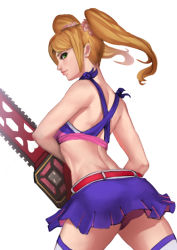 Rule 34 | 1girl, back, blonde hair, chainsaw, cheerleader, clothes lift, crop top, dog hate burger, from behind, green eyes, juliet starling, lollipop chainsaw, long hair, looking back, midriff, miniskirt, scrunchie, skirt, skirt lift, solo, thighhighs, twintails