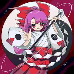 Rule 34 | 1girl, album cover, blush stickers, bow, commentary request, cover, cowboy shot, gohei, hair bow, hakama, hakama skirt, hakurei reimu, hakurei reimu (pc-98), hand up, holding, japanese clothes, kimono, long hair, long sleeves, looking at viewer, neruzou, parted lips, ponytail, purple hair, red background, red bow, red eyes, red hakama, red ribbon, red skirt, ribbon, skirt, smile, solo, sparkle, standing, tassel, touhou, touhou (pc-98), white kimono, wide sleeves, yin yang
