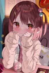 Rule 34 | 1girl, @ @, absurdres, bag, blush, brown hair, brown sweater, closed mouth, cup, drinking glass, drinking straw, embarrassed, eureka 814, hair bobbles, hair ornament, hairclip, highres, indoors, karaoke, long sleeves, looking at viewer, microphone, necktie, one side up, original, pink necktie, red eyes, shopping bag, short hair, sleeves past wrists, solo, sweater, table, upper body