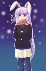 Rule 34 | 1girl, animal ears, breath, denim, female focus, hashiyamoto, jeans, lowres, outdoors, pants, rabbit ears, reisen udongein inaba, scarf, snowing, solo, standing, touhou