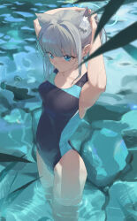 Rule 34 | 1girl, absurdres, animal ear fluff, animal ears, arms behind head, black one-piece swimsuit, blue archive, blue eyes, breasts, competition swimsuit, covered navel, cross hair ornament, extra ears, grey hair, hair ornament, halo, highres, li-mi, low ponytail, medium breasts, medium hair, mismatched pupils, multicolored clothes, multicolored swimsuit, official alternate costume, one-piece swimsuit, rock, shiroko (blue archive), shiroko (swimsuit) (blue archive), solo, standing, swimsuit, wading, water, wolf ears