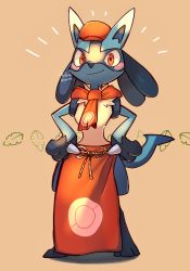 Rule 34 | 1boy, animal ears, animal hands, apron, artist name, bad id, bad twitter id, blush, blush stickers, brown background, cabbie hat, closed mouth, clothed pokemon, creatures (company), full body, furry, furry male, game freak, gen 4 pokemon, hands on own hips, happy, hat, highres, jpeg artifacts, koyama miki, leaf, looking at viewer, lucario, male focus, neckerchief, nintendo, poke ball symbol, poke ball theme, pokemon, pokemon (creature), pokemon cafe remix, red eyes, red hat, red neckerchief, ribbon, signature, simple background, smile, solo, spikes, standing, tail, twitter username, wolf ears, wolf tail