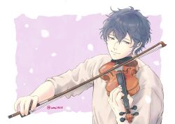 Rule 34 | 1boy, border, cardigan, given, hair between eyes, highres, instrument, male focus, messy hair, murata ugetsu, music, pink background, playing instrument, short hair, solo, twitter username, umi8315, upper body, violin, white border, yellow eyes