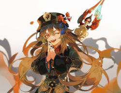 Rule 34 | 1girl, absurdres, black hat, black nails, bracelet, branch, brown hair, flower, flower-shaped pupils, genshin impact, hat, hat flower, hayashikana, highres, hu tao (genshin impact), jewelry, long hair, long sleeves, looking at viewer, nail polish, one eye closed, open mouth, own hands together, polearm, red eyes, red flower, ring, simple background, smile, solo, spear, symbol-shaped pupils, tassel, twintails, very long hair, weapon, weapon on back, white background, wide sleeves